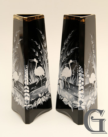 pair black glass vases white enamel decoration